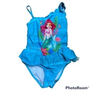 Disney Ariel One Piece Swimsuit Sz 5/6 Toddler Girl Blue Princess Bathing